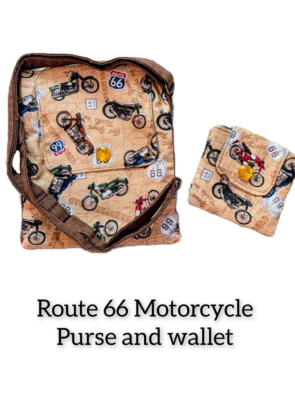 Route 66 Motorcycle Crossbody Purse and Wallet - Beige with Multicolor Bikes